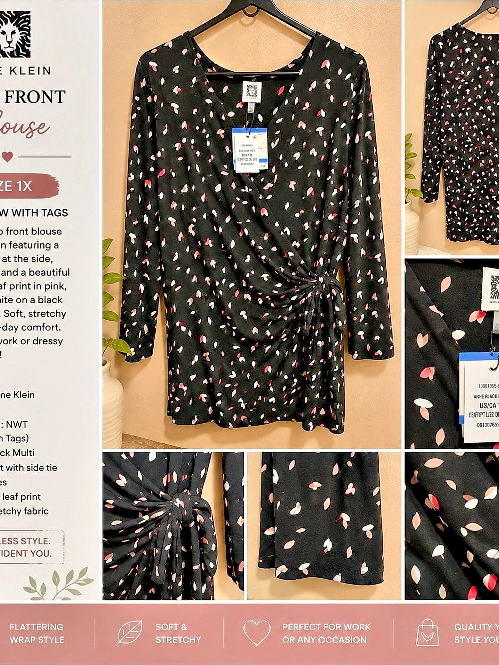Anne Klein Leaf Print Faux Wrap Top Black & Pink 1X NWT